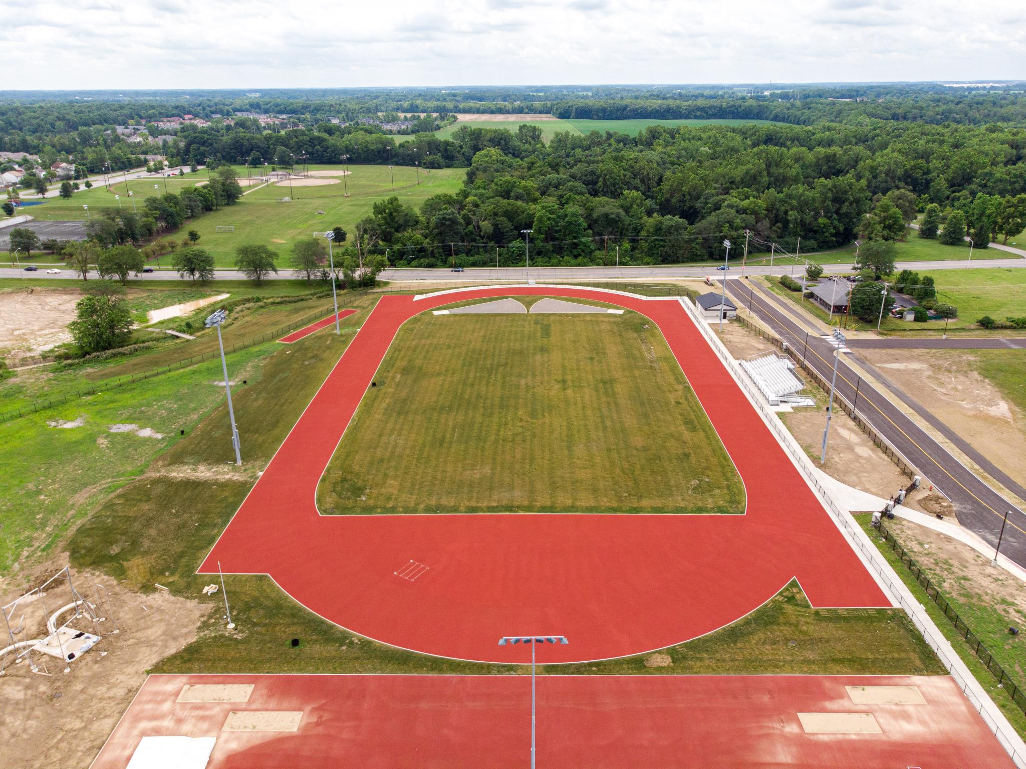aerial image of a track & field event field