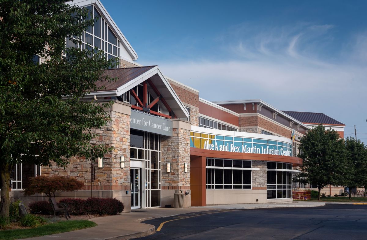 Close exterior shot of ALICE A. and REX MARTIN INFUSION CENTER